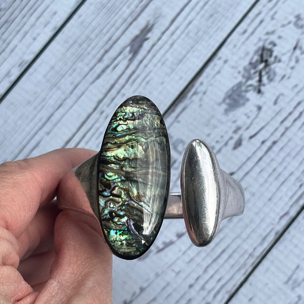 Robert Lee Morris Abalone Shell Hinge Cuff Clamper Soho Bracelet Silver Tone